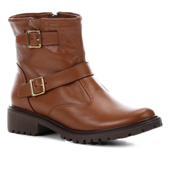 Bota Biker Shoestock Couro Tratorada Feminina - Caramelo