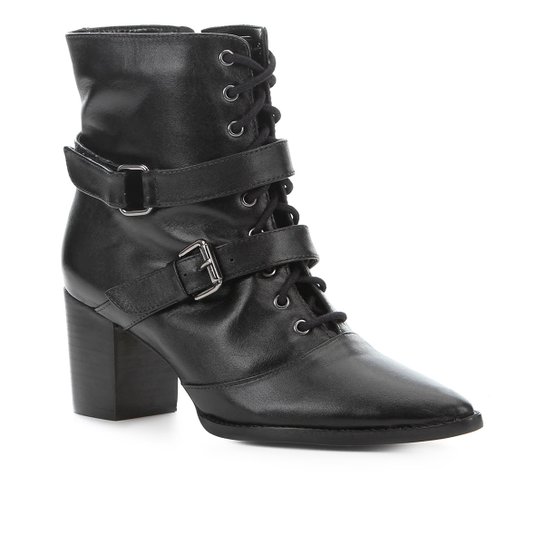 Bota Cano Curto Couro Shoestock Fivelas Feminina - Preto