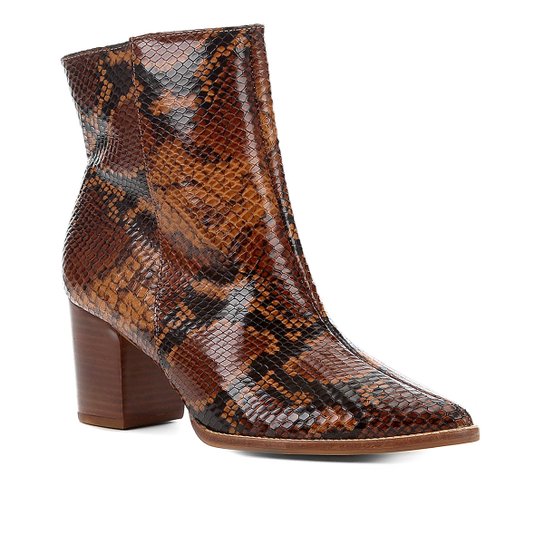 Bota Cano Curto Shoestock Salto Bloco Snake Feminina - Caramelo