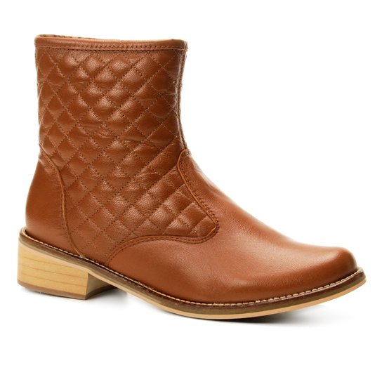 Bota Couro Cano Curto Shoestock Biker Matelassê Feminina - Caramelo
