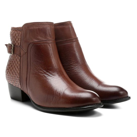 Bota Couro Cano Curto Shoestock Flat Tressê Feminina - Caramelo