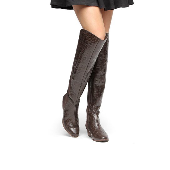 Bota Couro Over the Knee Shoestock Croco Feminina - Café