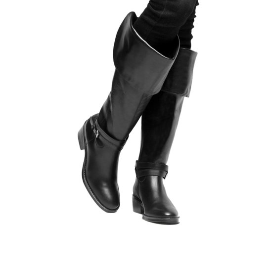 Bota Couro Over The Knee Shoestock Fivelas Feminina - Preto