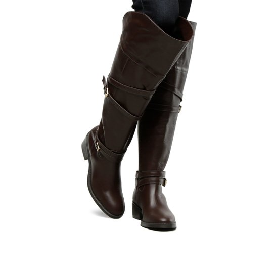 Bota Couro Over The Knee Shoestock Fivelas Feminina - Marrom