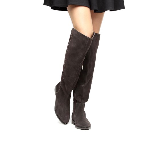 Bota Couro Over the Knee Shoestock Flat Feminina - Cafe
