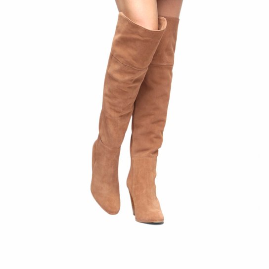 Bota Couro Shoestock Cano Alto Barbicachos Feminina - Bege