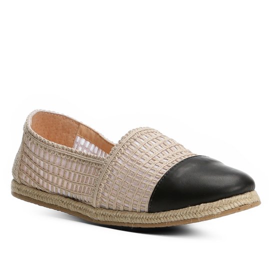 Espadrille Shoestock Flat Bordada Feminina - Preto+Bege