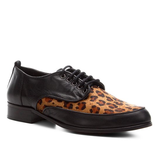 Oxford Couro Shoestock Leopardo Feminino - Preto+Caramelo