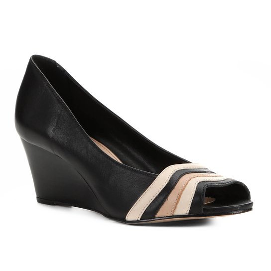 Peep Toe Couro Shoestock Anabela Bicolor - Preto+Off White