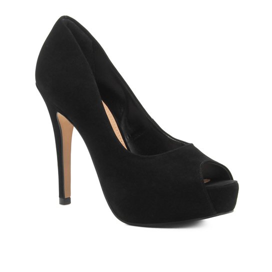 Peep Toe Couro Shoestock Meia Pata - Preto