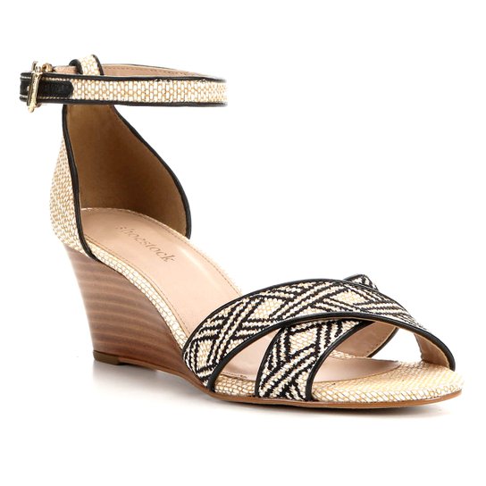 Sandália Anabela Shoestock Ráfia Feminina - Bege+Preto