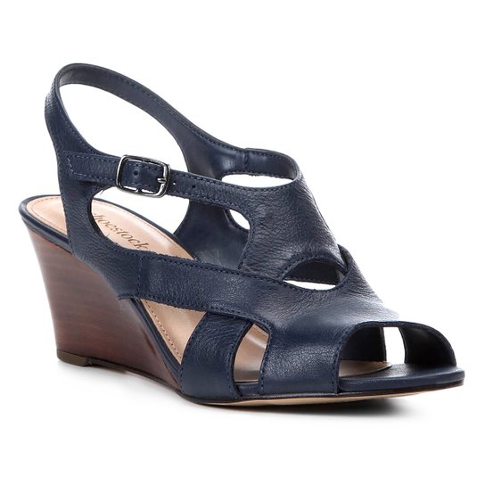 Sandália Anabela Shoestock Tiras Vazadas Feminina - Marinho