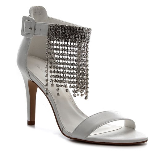 Sandália Couro Shoestock Bride Franja Strass Feminina - Branco