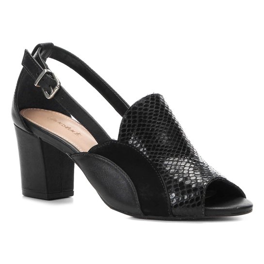 Sandália Couro Shoestock Salto Bloco Cobra Feminina - Preto