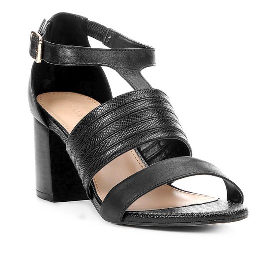 Sandália Couro Shoestock Salto Bloco Straps Feminina - Preto