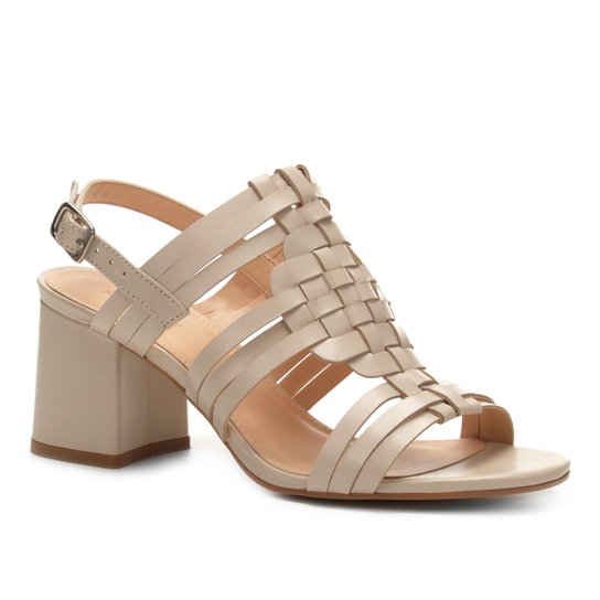 Sandália Couro Shoestock Salto Bloco Tramado - Off White