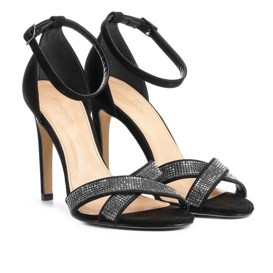 Sandália Couro Shoestock Salto Fino Shine Feminina - Preto
