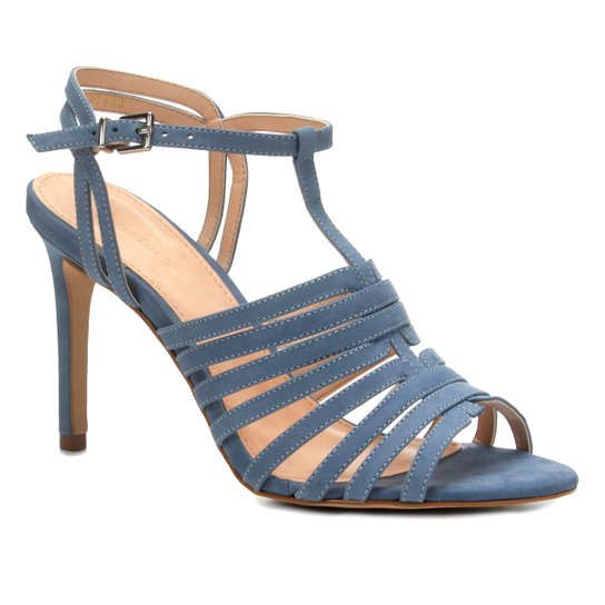 Sandália Couro Shoestock Salto Fino Tirinhas Feminina - Azul