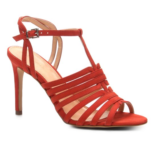 Sandália Couro Shoestock Salto Fino Tirinhas Feminina - Vermelho