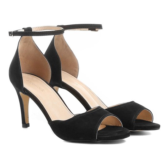 Sandália Couro Shoestock Salto Fino Tornozeleira Feminina - Preto