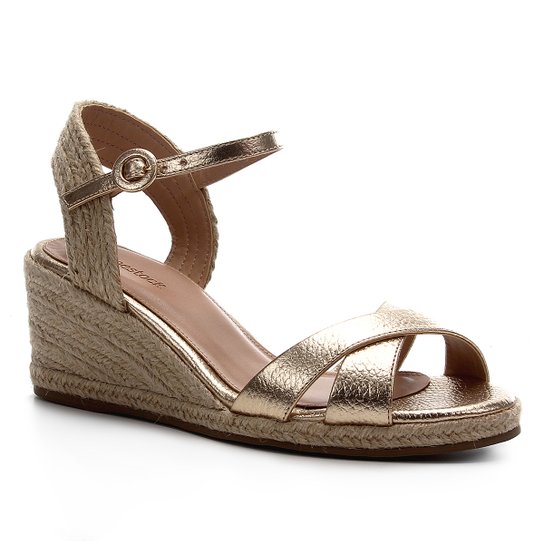 Sandália Shoestock Couro Corda Anabela - Ouro