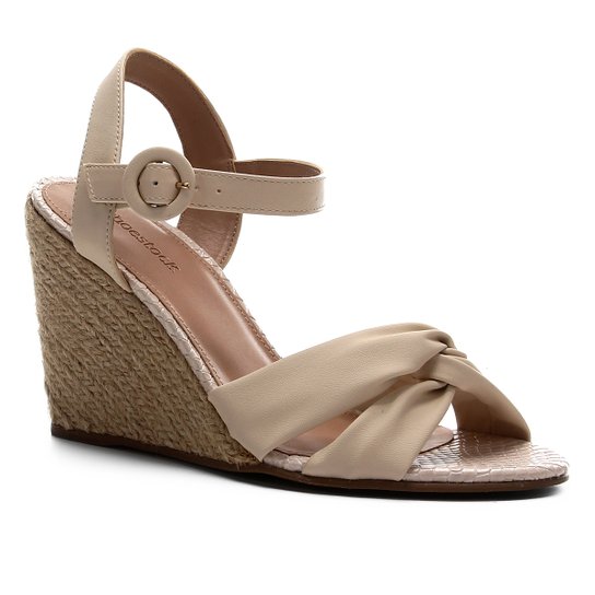 Sandália Shoestock Couro Nó Anabela - Off White