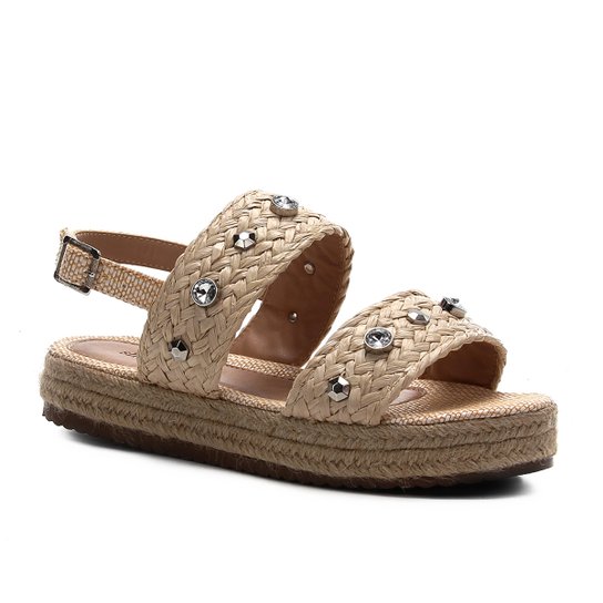 Sandália Shoestock Flatform Trança e Pedras Feminina - Bege