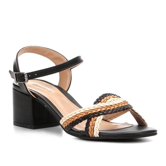 Sandália Shoestock Salto Grosso Detalhe Enfiadinho - Preto