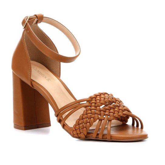 Sandália Shoestock Salto Grosso Handmade Feminina - Caramelo