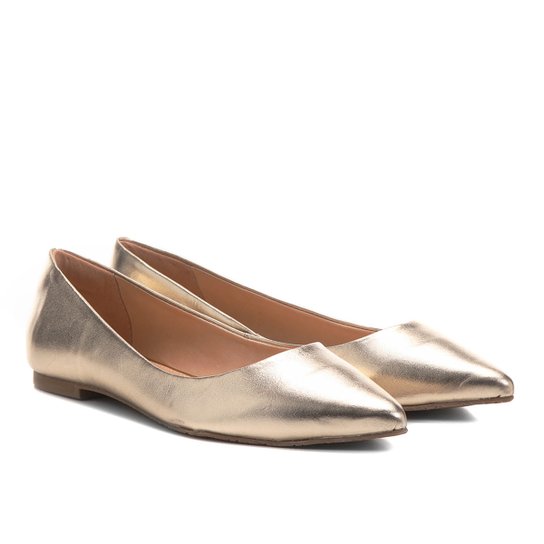 Sapatilha Couro Shoestock Bico Fino Feminina - Dourado
