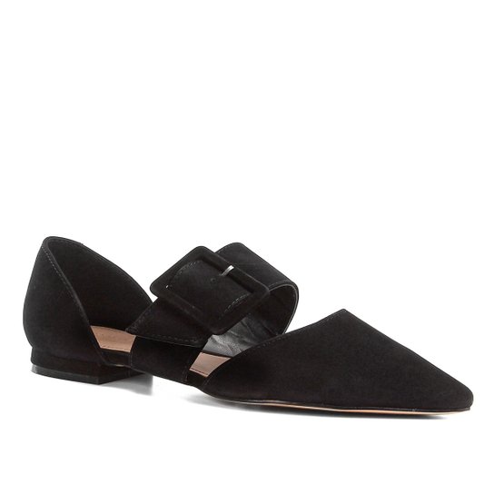 Sapatilha Couro Shoestock Flat Nobuck Fivela Feminina - Preto