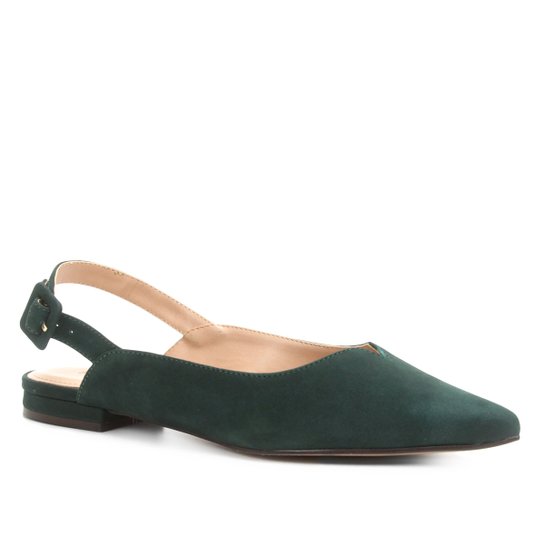 Sapatilha Couro Shoestock Slingback Recorte Nobuck Feminina - Verde