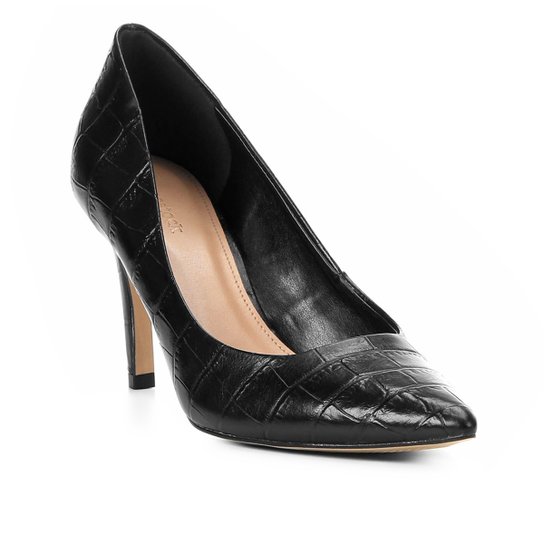 Scarpin Couro Shoestock Croco Salto Alto Bico Fino - Preto