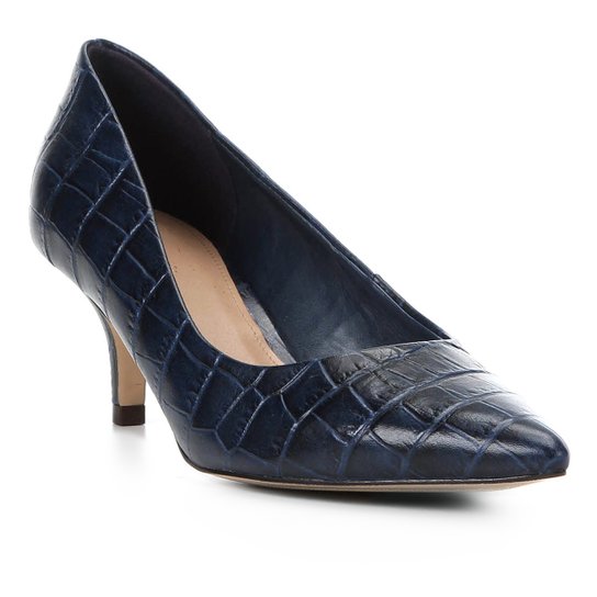 Scarpin Couro Shoestock Croco Salto Baixo Bico Fino - Marinho