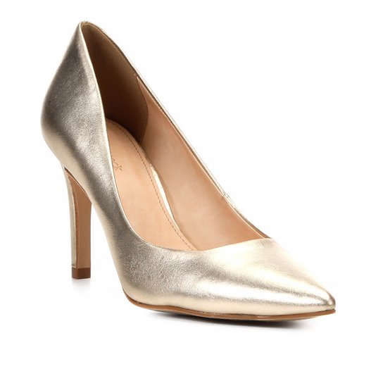 Scarpin Couro Shoestock Salto Alto Metalizado - Dourado