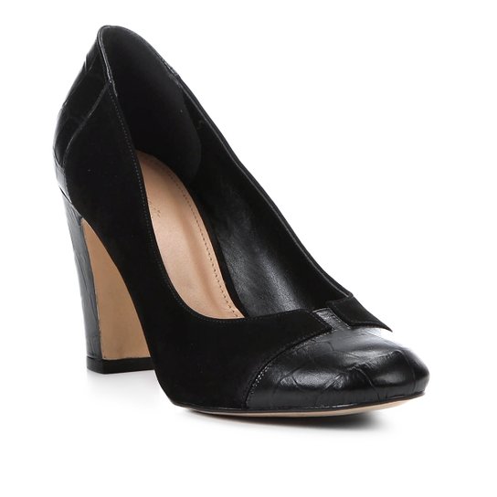Scarpin Couro Shoestock Salto Alto Mix Croco - Preto