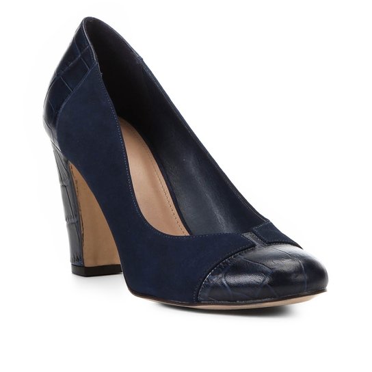 Scarpin Couro Shoestock Salto Alto Mix Croco - Marinho