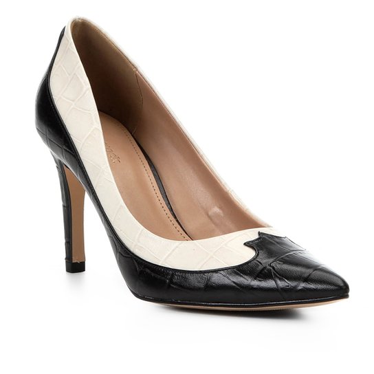 Scarpin Couro Shoestock Salto Alto Western - Preto+Off White