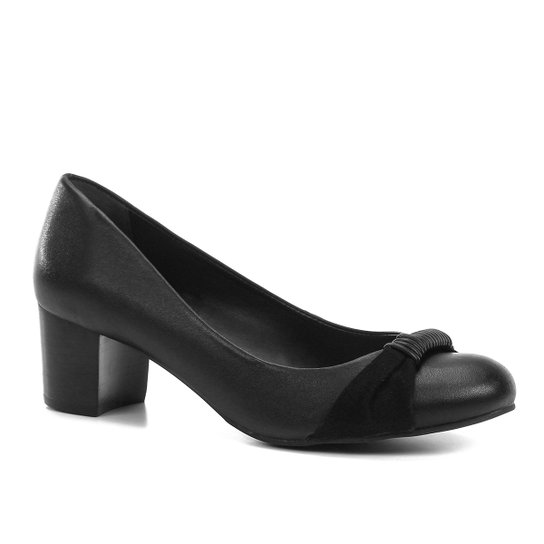 Scarpin Couro Shoestock Salto Baixo Tira - Preto