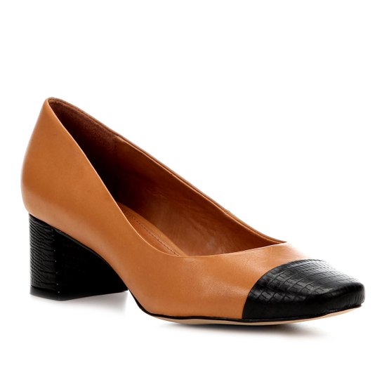 Scarpin Couro Shoestock Salto Médio Croco - Bege
