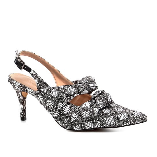 Scarpin Shoestock Salto Baixo Slingback Tecido - Branco+Preto