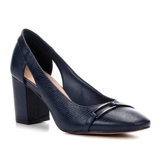 Scarpin Shoestock Salto Bloco Lezard Metal - Marinho