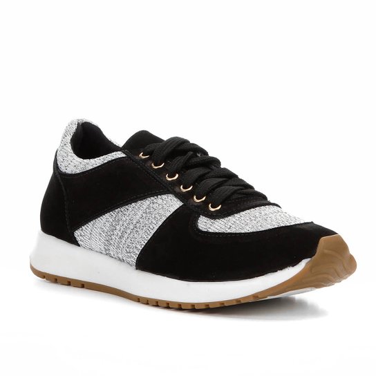 Tênis Couro Shoestock Jogging Recortes Feminino - Preto
