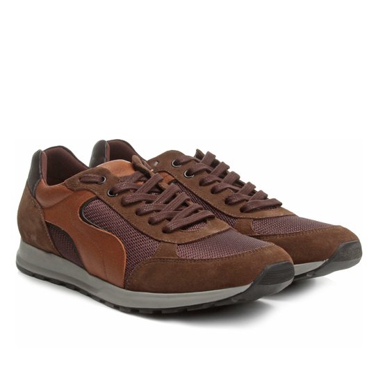 Tênis Couro Shoestock Jogging Recortes Masculino - Caramelo
