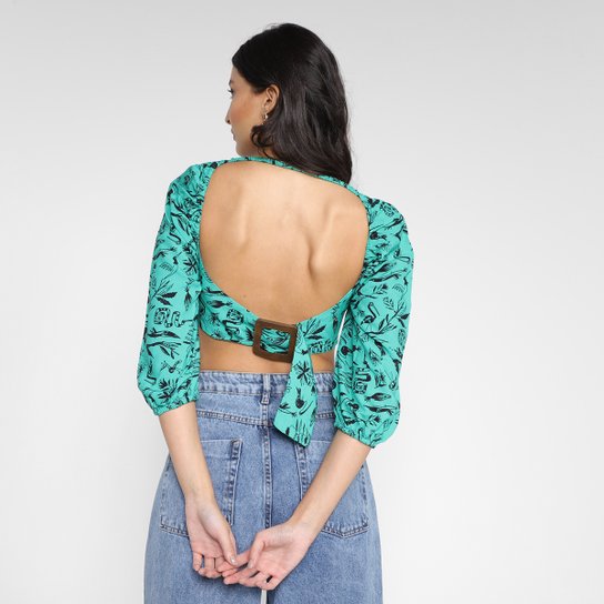 Blusa Cropped Animale Estampado Abertura Costas Feminina