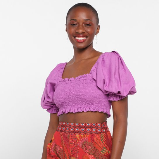 Blusa Farm Cropped Lastex Manga Bufante Feminina