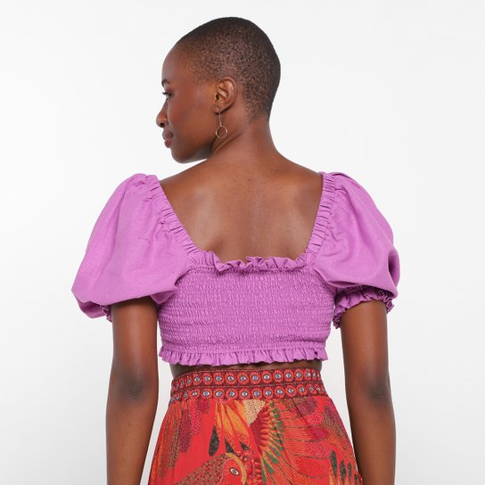 Blusa Farm Cropped Lastex Manga Bufante Feminina
