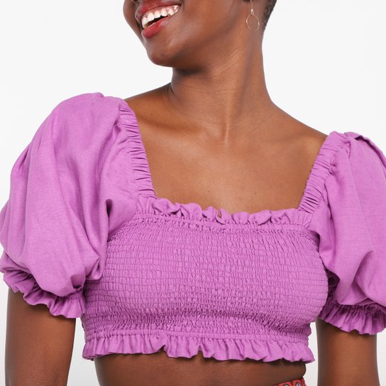 Blusa Farm Cropped Lastex Manga Bufante Feminina