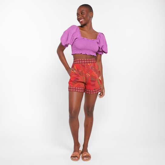 Blusa Farm Cropped Lastex Manga Bufante Feminina