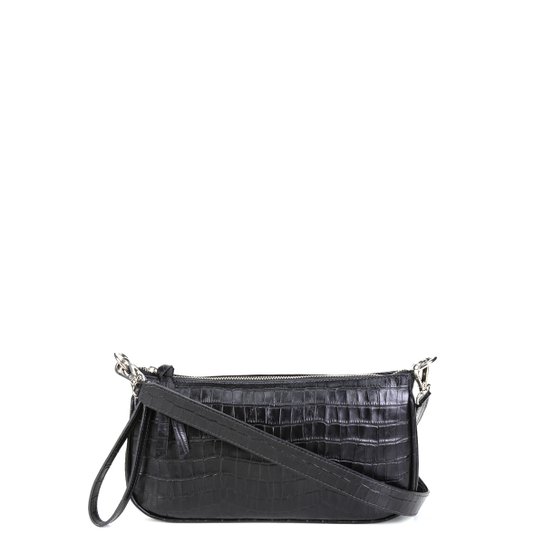 Bolsa Couro Shoestock Tiracolo Croco Feminina - Preto